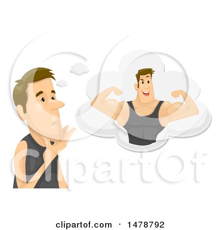 Clipart of a Thin Man Daydreaming of Being a Bodybuilder - Royalty Free Vector Illustration by BNP Design Studio