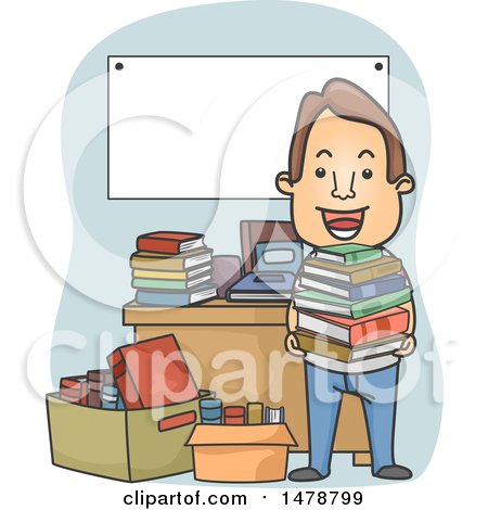 Clipart of a Happy Man Holding a Stack at a Book Sale - Royalty Free Vector Illustration by BNP Design Studio