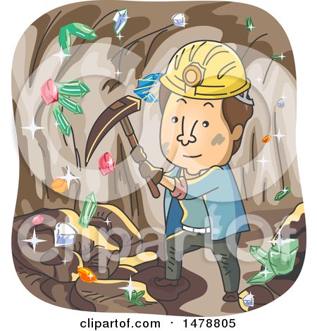 Clipart of a Dirty Miner in a Cave of Colorful Crystals - Royalty Free Vector Illustration by BNP Design Studio