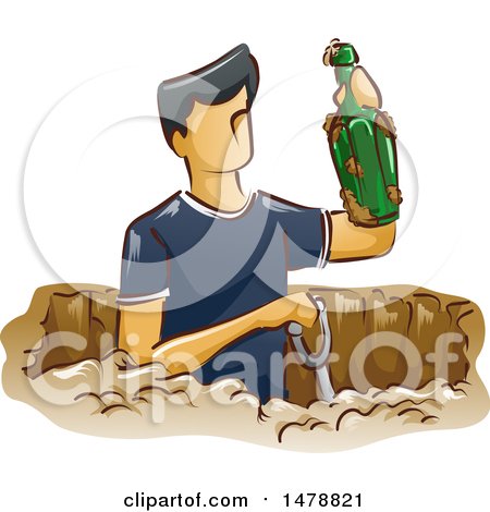 Clipart of a Man Digging for Artifacts, Holding up a Bottle - Royalty Free Vector Illustration by BNP Design Studio