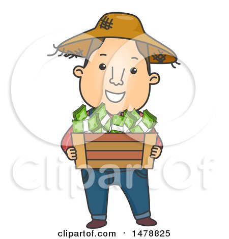 Clipart of a Male Farmer Carrying a Basket of Cash Money - Royalty Free Vector Illustration by BNP Design Studio