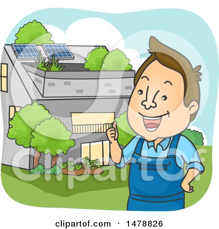 Clipart of a Man Standing near a House with Solar Panels - Royalty Free Vector Illustration by BNP Design Studio
