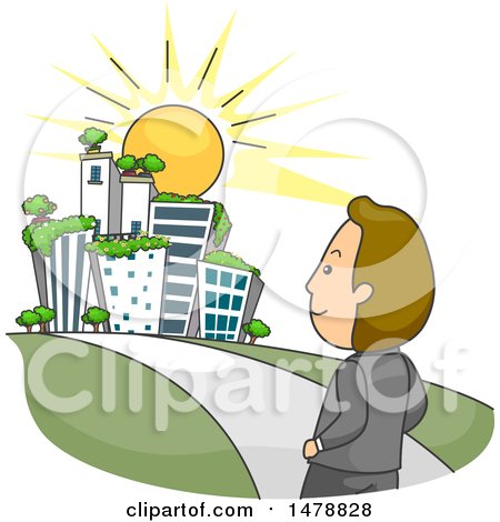 Clipart of a Corporate Man Walking to a Green City - Royalty Free Vector Illustration by BNP Design Studio