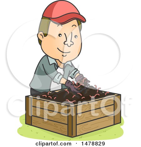 Clipart of a Happy Male Gardener Putting Earthworms in a Vermicompost Bin - Royalty Free Vector Illustration by BNP Design Studio