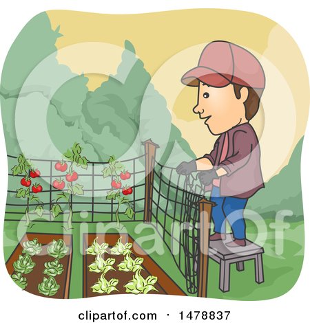 Clipart of a Man Building a Fence Around a Garden - Royalty Free Vector Illustration by BNP Design Studio