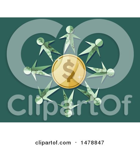 Clipart of a Dollar Bill Paper People Around a Dollar Coin - Royalty Free Vector Illustration by BNP Design Studio
