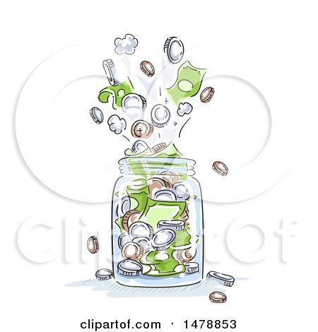 Clipart of a Sketched Jar Bursting with Coins and Cash Money - Royalty Free Vector Illustration by BNP Design Studio