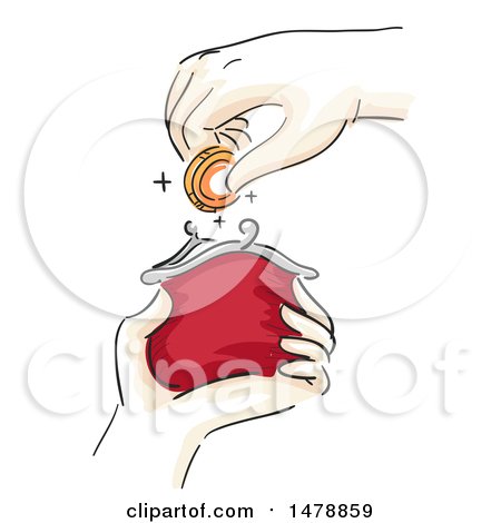 Clipart of a Sketched Hand Inserting a Coin into a Change Purse - Royalty Free Vector Illustration by BNP Design Studio