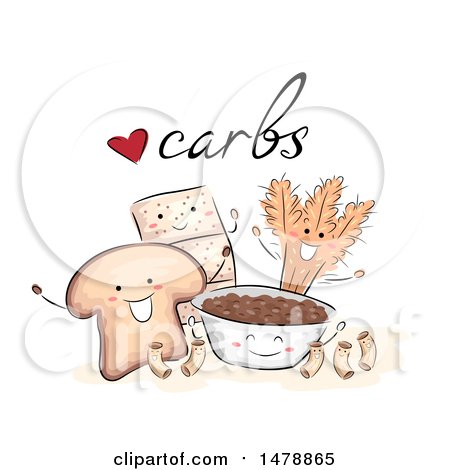 Clipart of a Sketched Group of Bread, Pasta, Crackers, Wheat and Rice with Carbs Text - Royalty Free Vector Illustration by BNP Design Studio