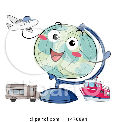 Clipart of a Desk Globe Mascot with Modes of Transportation - Royalty Free Vector Illustration by BNP Design Studio