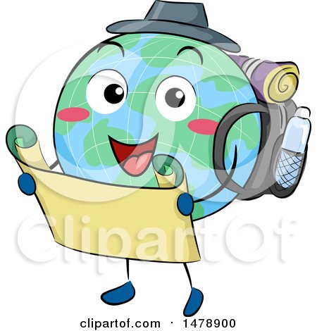 Clipart of a Globe Mascot Hiker Holding a Map - Royalty Free Vector Illustration by BNP Design Studio