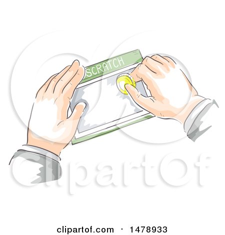 Clipart of a Business Man's Hands Scratching a Lottery Card with a Coin - Royalty Free Vector Illustration by BNP Design Studio