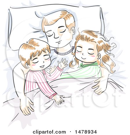 Clipart of a Sketched Dad and Children Sleeping - Royalty Free Vector Illustration by BNP Design Studio