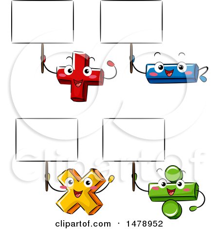 Clipart of Addition, Subtraction, Division and Multiplication Math Characters Holding Blank Signs - Royalty Free Vector Illustration by BNP Design Studio