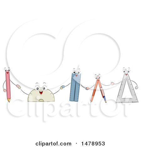Clipart of a Row of Pencil, Protractor, Ruler, Compass and Triangular Ruler Mascots Holding Hands - Royalty Free Vector Illustration by BNP Design Studio