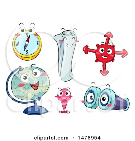 Clipart of Compass, Map, Globe, Pin and Binocular Navigation Mascots - Royalty Free Vector Illustration by BNP Design Studio
