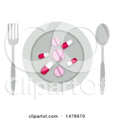Clipart of a Plate, Fork and Spoon with Tablets and Pills - Royalty Free Vector Illustration by BNP Design Studio