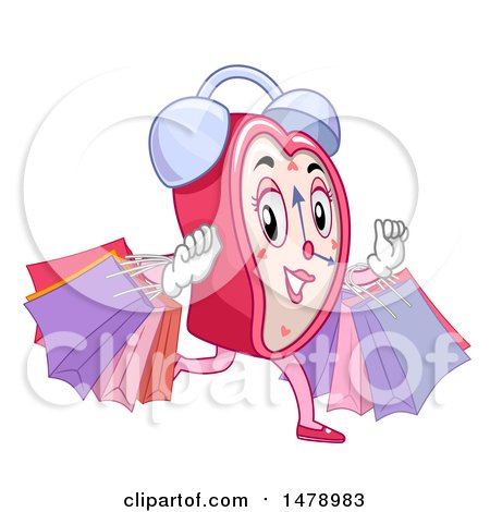 Clipart of a Feminine Heart Alarm Clock Mascot Running with Shopping Bags - Royalty Free Vector Illustration by BNP Design Studio