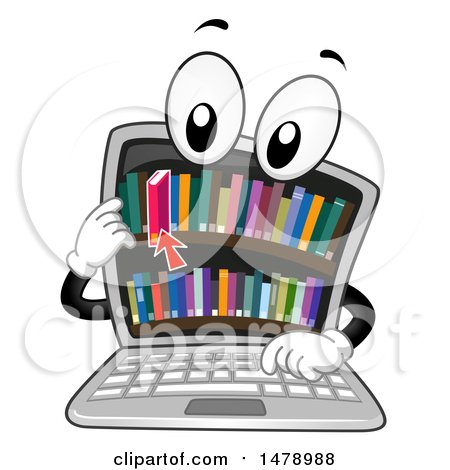 Clipart of a Laptop Computer Mascot Grabbing a Book from a Library on Screen - Royalty Free Vector Illustration by BNP Design Studio