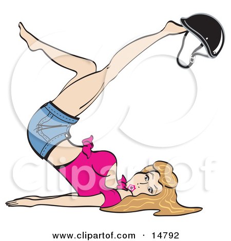 Sexy Woman With Dirty Blond Hair, Lying On Her Back And Kicking Her Legs Up While Playing With A Helmet On Her Feet Clipart Illustration by Andy Nortnik