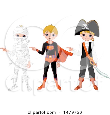 Clipart of a Boy Pointing in Halloween Mummy, Super Hero and Pirate Costumes - Royalty Free Vector Illustration by Pushkin