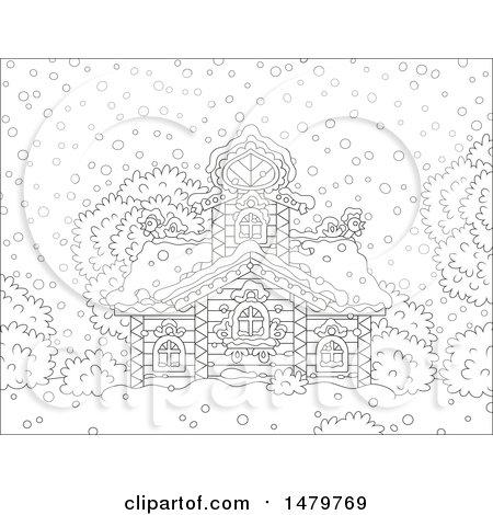 Clipart of a Black and White Wooden Cottage in the Snow - Royalty Free Vector Illustration by Alex Bannykh