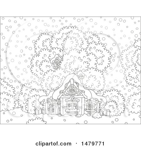 Clipart of a Black and White Wooden Cottage in the Snow - Royalty Free Vector Illustration by Alex Bannykh