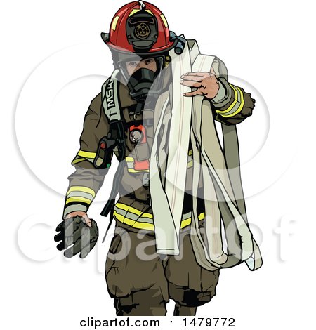 Clipart of a Fire Man Carrying a Hose - Royalty Free Vector Illustration by dero