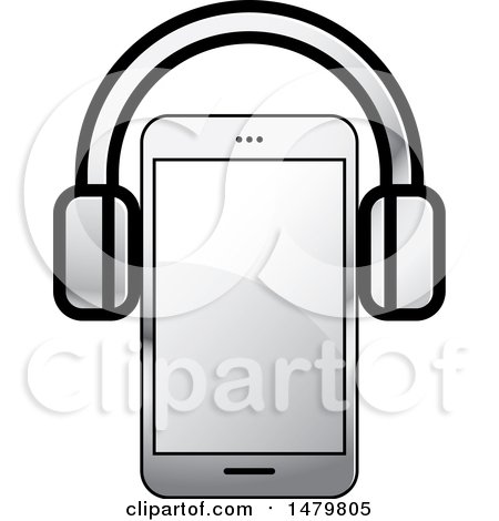 Clipart of a Silver Smart Phone with Headphones - Royalty Free Vector Illustration by Lal Perera