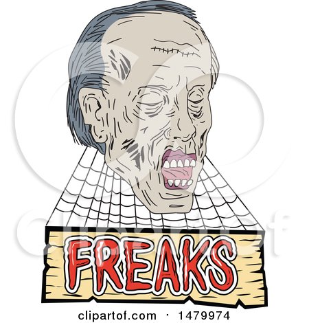 Clipart of a Sketched Zombie Head with Cobwebs over a Freak Sign - Royalty Free Vector Illustration by patrimonio