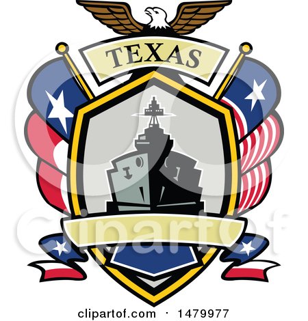 Clipart of a Retro Bald Eagle Crest with a Battle Ship, State and Texas Navy Flags Flags - Royalty Free Vector Illustration by patrimonio