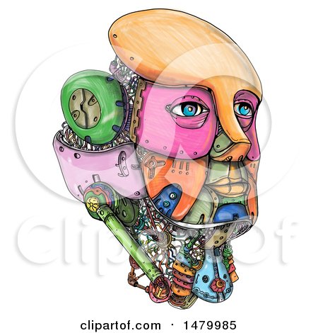 Clipart of a Colorful Female Robot Head in Sketched Style, on a White Background - Royalty Free Illustration by patrimonio