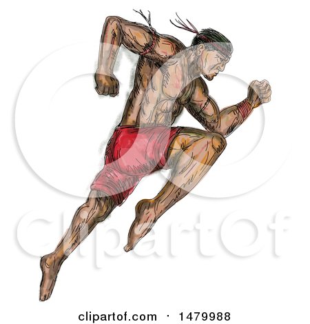 Clipart of a Muay Thai Fighter Jumping, in Tattoo Style on a White Background - Royalty Free Illustration by patrimonio