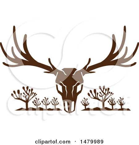 Clipart of a Buck Mule Deer Skull with Antlers over Joshua Trees - Royalty Free Vector Illustration by patrimonio