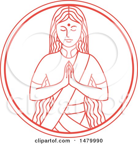 Clipart of an Indian Woman in a Namaste Pose, in Red and White Lineart Style - Royalty Free Vector Illustration by patrimonio