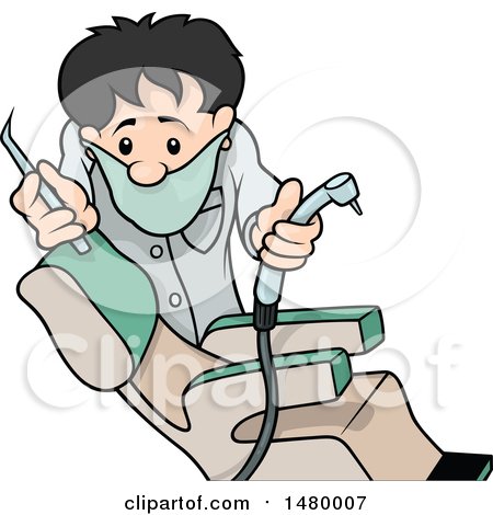 Clipart of a Male Dentist Holding Tools and Leaning over a Chair - Royalty Free Vector Illustration by dero