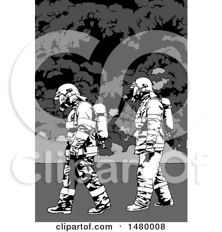 Clipart of Grayscale Firemen Walking - Royalty Free Vector Illustration by dero