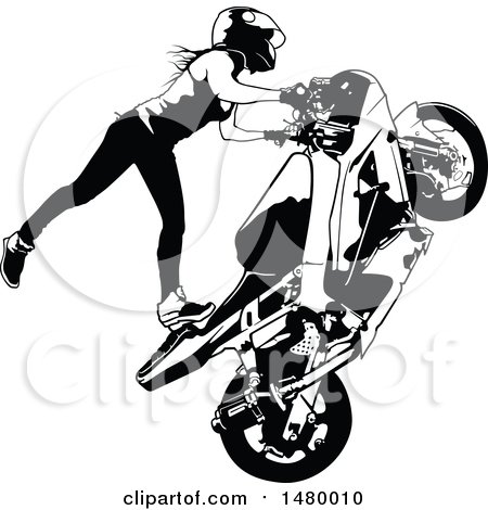 Clipart of a Black and White Female Biker Doing a Stunt - Royalty Free Vector Illustration by dero