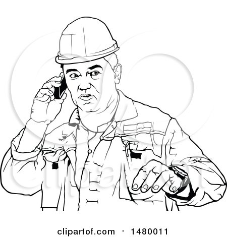 Clipart of a Black and White Male Worker Talking on a Cell Phone - Royalty Free Vector Illustration by dero