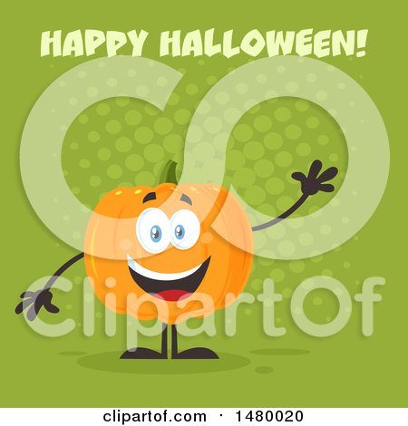 Clipart of a Happy Pumpkin Character Mascot Waving Under Happy Halloween on Green - Royalty Free Vector Illustration by Hit Toon