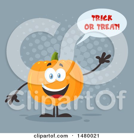 Clipart of a Happy Pumpkin Character Mascot Waving and Saying Trick or Treat on Gray - Royalty Free Vector Illustration by Hit Toon