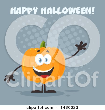 Clipart of a Happy Pumpkin Character Mascot Waving Under Happy Halloween on Gray - Royalty Free Vector Illustration by Hit Toon