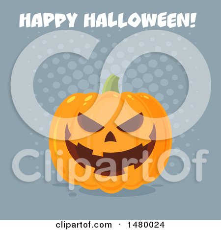 Clipart of a Grinning Evil Jackolantern Pumpkin with Happy Halloween Text over Gray Dots - Royalty Free Vector Illustration by Hit Toon