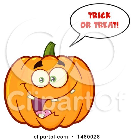 Clipart of a Happy Toothy Pumpkin Character Mascot Saying Trick or Treat - Royalty Free Vector Illustration by Hit Toon