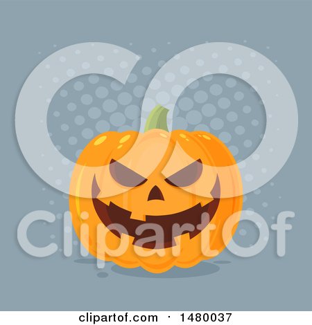 Clipart of a Grinning Evil Halloween Jackolantern Pumpkin over Gray Dots - Royalty Free Vector Illustration by Hit Toon