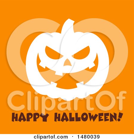 Clipart of a White Silhouetted Grinning Evil Jackolantern Pumpkin with Happy Halloween Text on Orange - Royalty Free Vector Illustration by Hit Toon