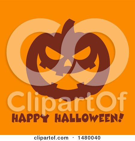 Clipart of a Silhouetted Grinning Evil Jackolantern Pumpkin with Happy Halloween Text on Orange - Royalty Free Vector Illustration by Hit Toon