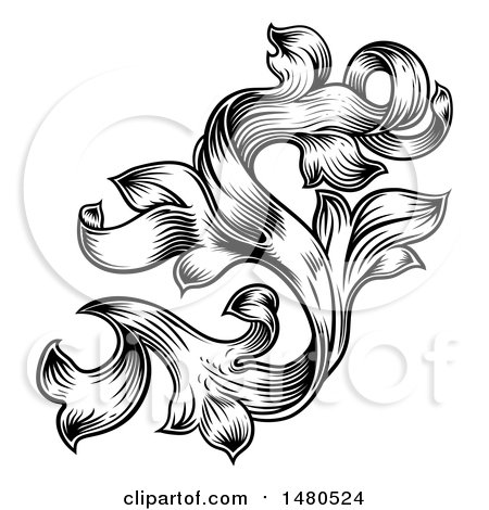Clipart of a Black and White Ornate Vintage Floral Design Element - Royalty Free Vector Illustration by AtStockIllustration