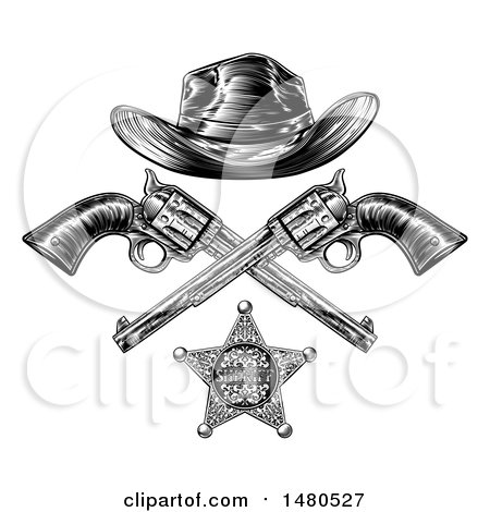 Clipart of a Cowboy Hat over Crossed Guns and a Sheriff Badge in Black and White - Royalty Free Vector Illustration by AtStockIllustration