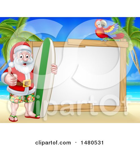 Clipart of a Happy Santa Surfer on a Tropical Beach by a Blank Sign with a Parrot - Royalty Free Vector Illustration by AtStockIllustration